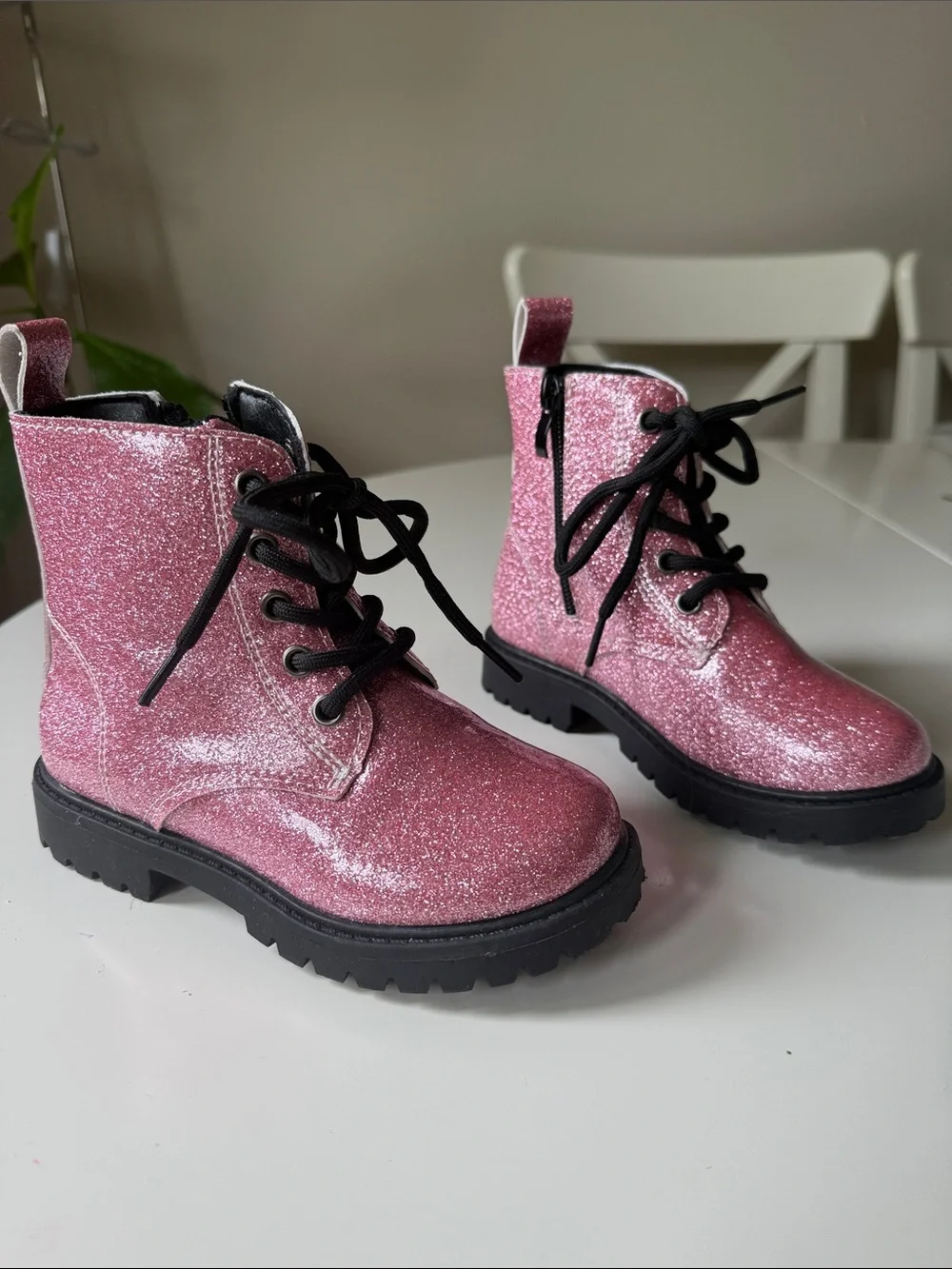 Kids Glitter Pink Lace-Up Combat Boots with Side Zip. (New without tags)